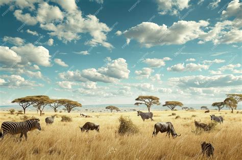 Premium Photo A Group Of Zebras And Wildebeests Peacefully Grazing Together In A Field Wide