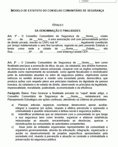 Modelo De Estatuto Para Conselho Comunitário De Segurança Bairro Ou Comunidade