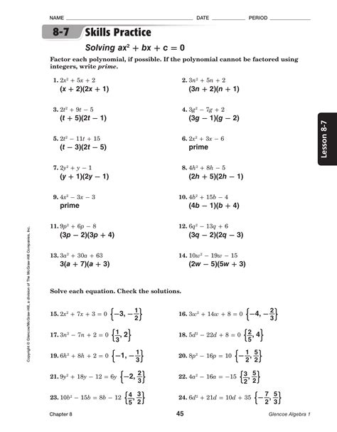 Glencoe Algebra 1 8 7 Skills Practice Answers