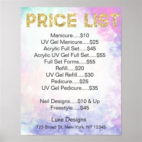 Nail Salon Price List Watercolor, Gold Glitter Poster | Zazzle in 2023 ...