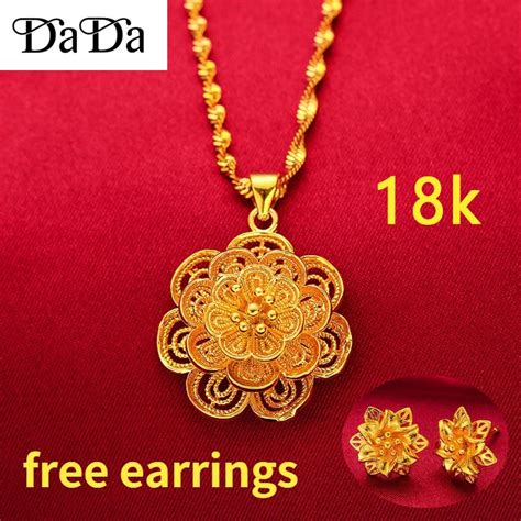 Pure 18K Saudi Gold Pawnable Necklace For Women Flower Pendant Water