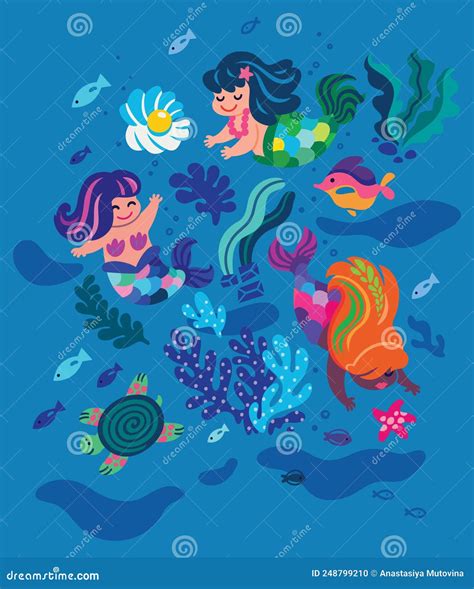 Cute Little Mermaids Are Swimming Under The Sea Vector Illustration Stock Vector Illustration