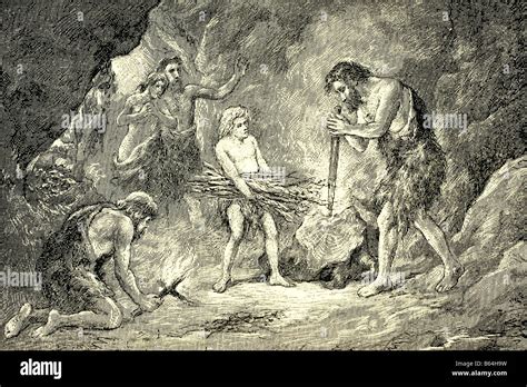 Primitive Humans Making Fire In Quaternary Period Antique Illustration