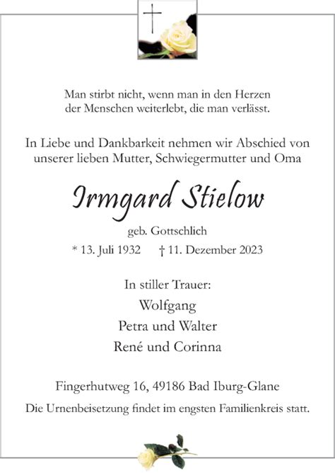 Traueranzeigen Von Irmgard Stielow Noz Trauerportal