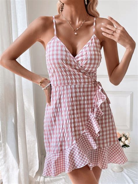 Shein Vcay Gingham Print Ruffle Trim Wrap Knot Side Cami Dress Shein Uk