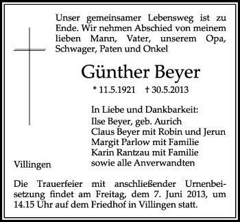 Traueranzeigen von Günther Beyer Schwarzwälder Bote Trauer