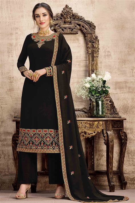 Embroidered Swiss Georgette Pakistani Suit In Black Ucchal Fashion