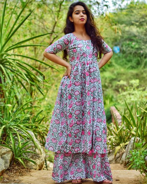 Pink Flower Printed Kurta With Palazzo Set Of Two By Label Shivani Vyas