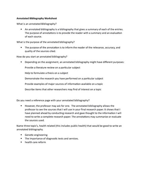 Annotated Bibliography Worksheet Telegraph