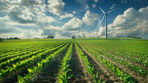 A Large Wind Turbine Towering Over A Field Filled With Neatly Planted Rows Of Corn Representing