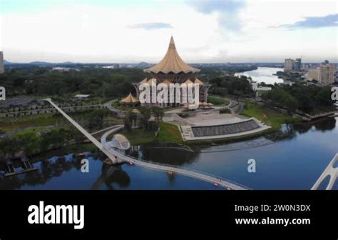 Cinematic Aerial Shot Of Sarawak Legislative Building Or Known As