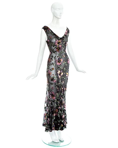 Christian Dior By John Galliano Black Velvet Devor Bias Cut Dress Ss