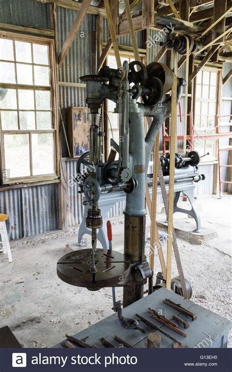 Antique Belt Driven Power Tools In The Machine Shop At The Koreshan