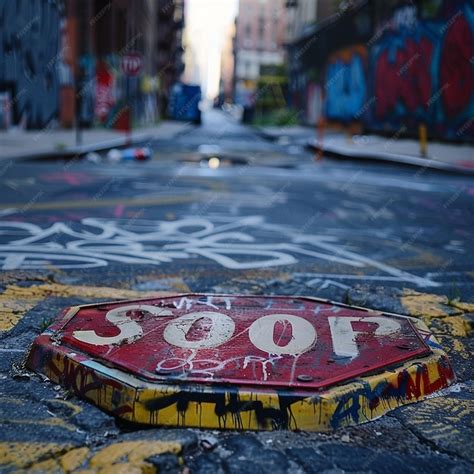 graffitiadorned stop sign   pavement premium ai generated image