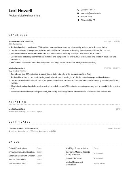 Pediatric Medical Assistant Resume Example