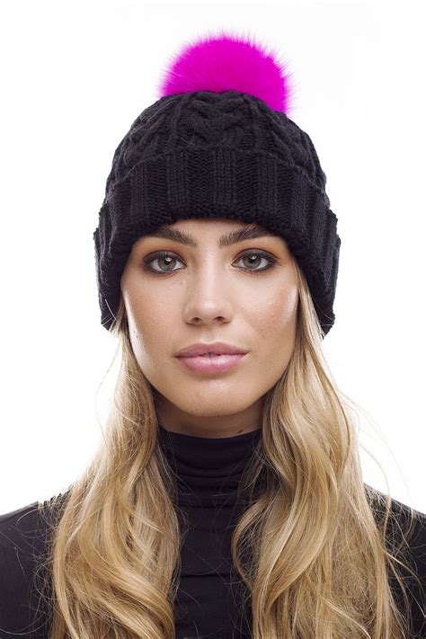 Fox Fur Pom Pom Cable Knit Bobble Hat In Black Fur Bobble Hat Bobble