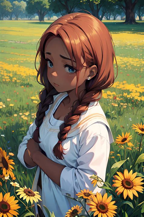 Anime Busty Small Tits S Age Sad Face Ginger Braided Hair Style Dark Skin Painting Meadow