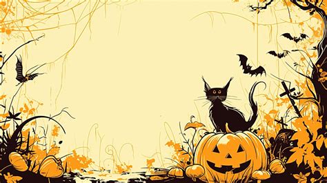 Card Halloween Black Cat And Orange Pumpkin Background, Autumn, Foliage ...