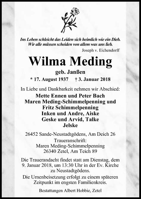 Traueranzeigen Von Wilma Meding Nordwest Trauer De