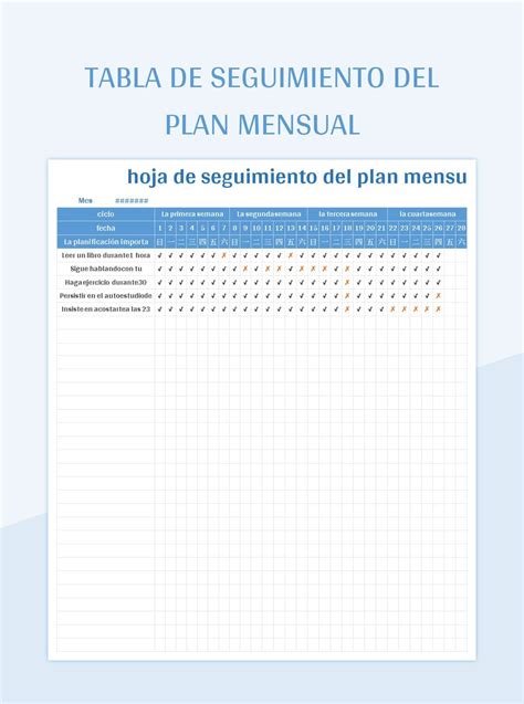 Plantilla De Formato Excel Tabla De Seguimiento Del Plan Mensual Y Hoja