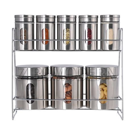 Fancy Contemporary Set Stainless Steel Cover Glass Spices Jar Rack