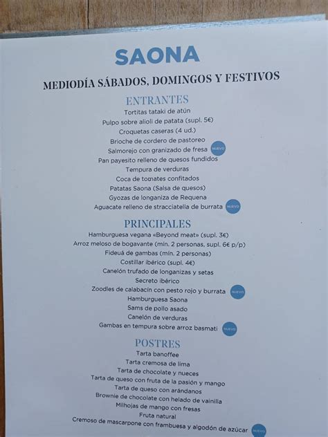 Carta Del Restaurante Saona Las Tablas Madrid Paseo Tierra Del Melide