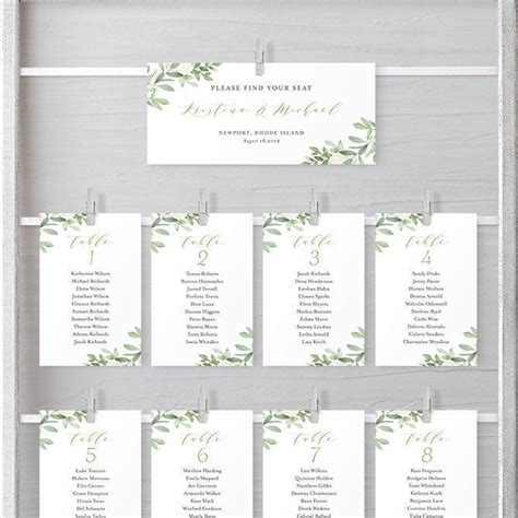 Greenery Wedding Seating Cards Template Watercolor Greenery And White