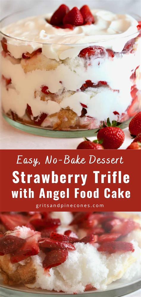 Strawberry Trifle With Angel Food Cake In The Background And Text Overlay That Reads Easy No