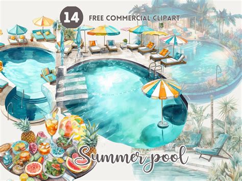 Summer Pool Watercolor Clipart Bundle Summer Relaxation Free Commercial ...