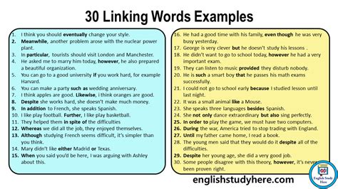 30 Linking Words Examples In English