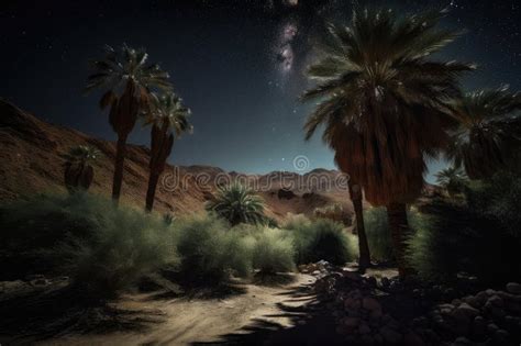 Night Sky, with Stars and Moon Above Desert Oasis, Surrounded by Palm Trees Stock Photo - Image ...