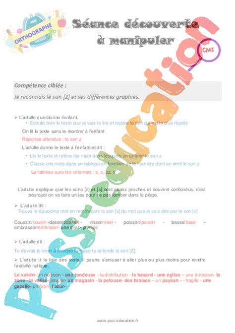 Le Son [z] Cm1 Séance Découverte à Manipuler Pdf à Imprimer