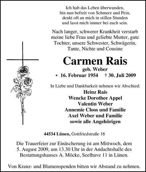 Trauer Und Todesanzeigen Von Carmen Rais Trauer De