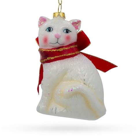 Elegant White Persian Cat Blown Glass Christmas Ornament