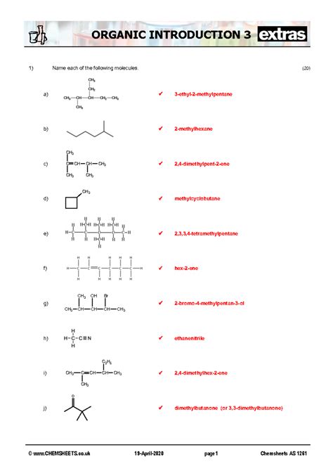 Chemsheets As 1261 Extras Organic Introduction 3 Ans 1 Name Each Of