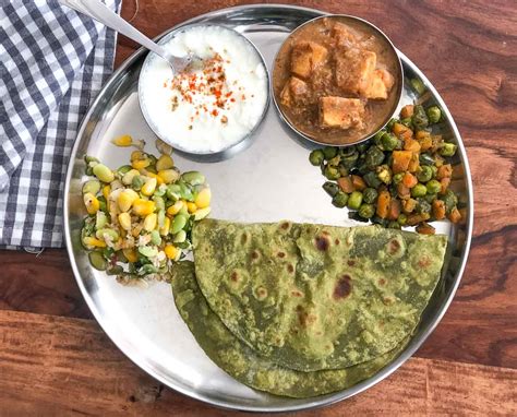 Everyday Meal Plate Carrot Matar Sabzi Paneer Gassi Palak Paratha