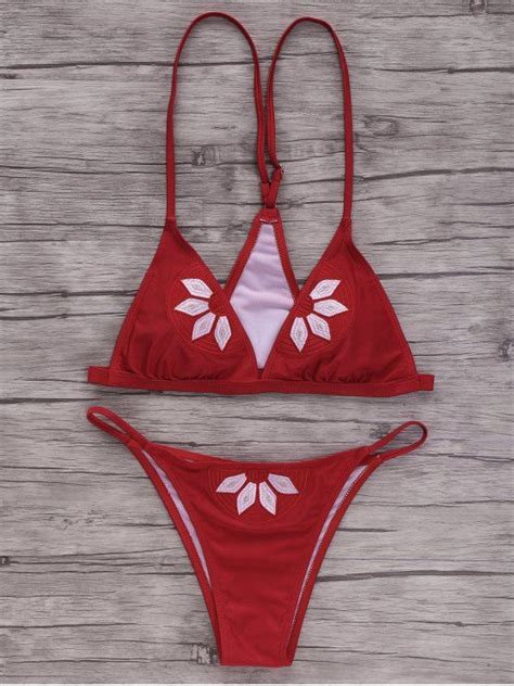 Off Embroidered Cami Bikini Set In Red Zaful