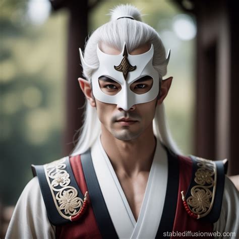 Half-Elf Samurai with White Hair and Mask | Stable Diffusion Online