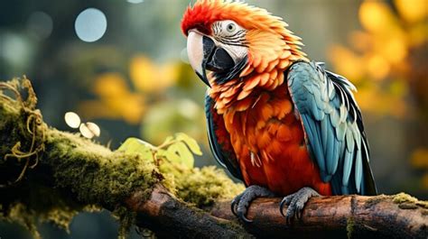 Premium AI Image | Vibrant macaw perching on branch in tropical rainforest habitat