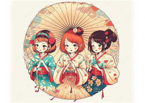 Grupo De Chicas Anime Manga En Traje De Kimono Tradicional Japonés Con