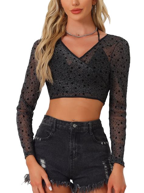 Allegra K Glitter Crop Top For Womens Star Printed Self Tie Sparkly