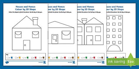 👉 Preschool Houses and Homes Colour by 2D Shape Activity