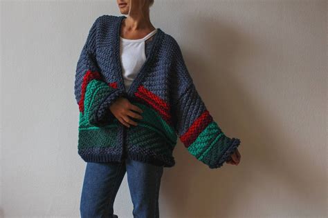 Oversize Chunky Knit Striped Cardigan Textured Colored Hand Etsy