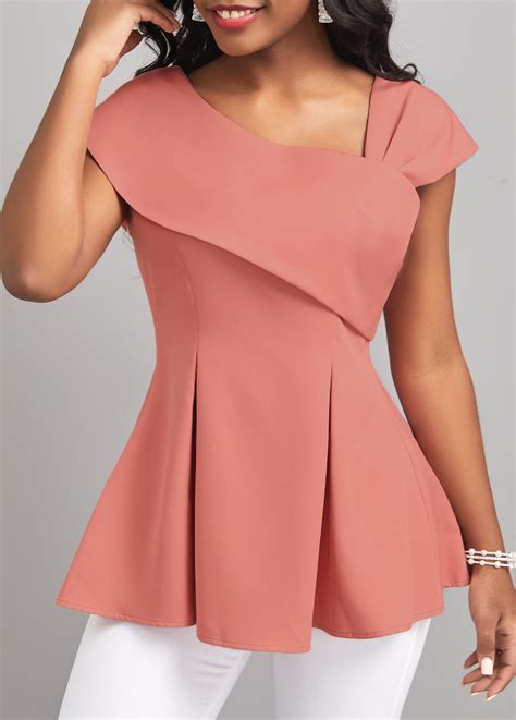 Asymmetrical Neck Short Sleeve Pink Blouse Rosewe Usd