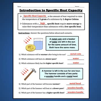 Calorimetry And Specific Heat Capacity Notes And Worksheet Set