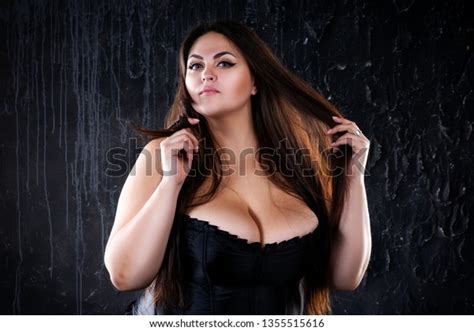 Sexy Plus Size Model In Black Corset Fat Woman With Big Natural