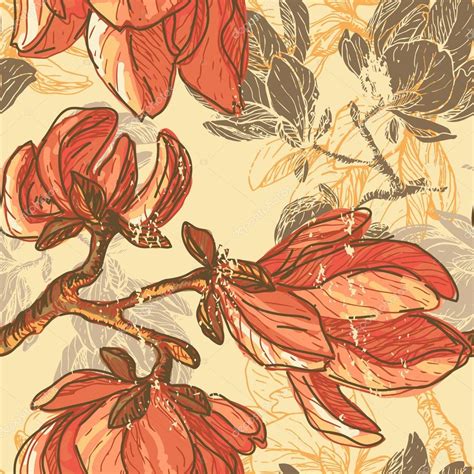 Hand Drawn Magnolia Flowers Seamless Pattern Stock Vector Image By