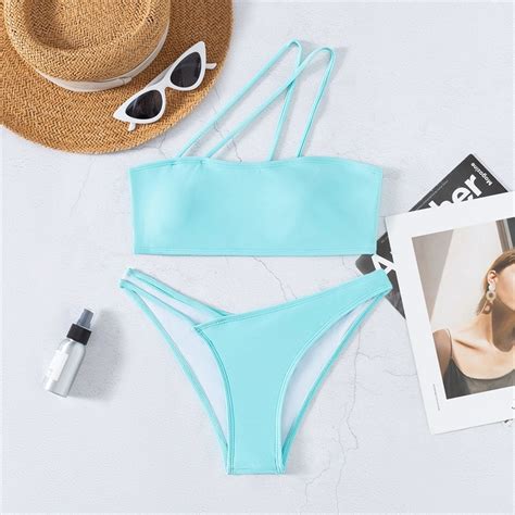 Two Piece Women Sexy Bikini Suitone Shoulder Waist Hollow Swimwear