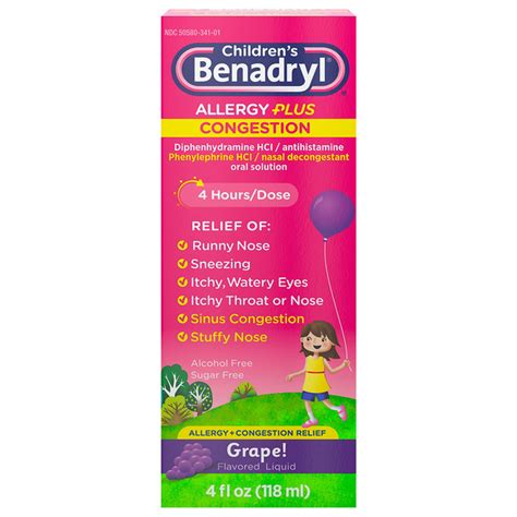 Save on Benadryl Children's Allergy + Congestion Relief Antihistamine Grape Liquid Order Online ...