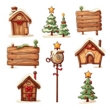 Cartoon Christmas Holiday Wooden Sign Vector Hand Drawn Collection Set